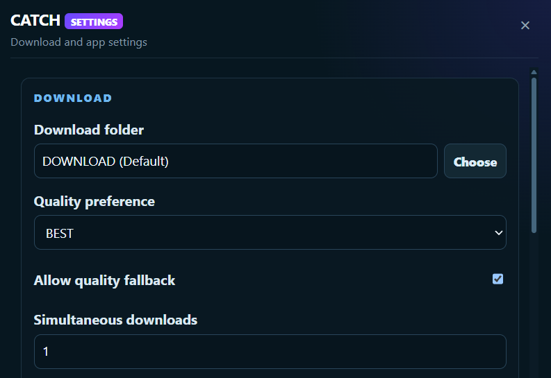CATCH Settings interface